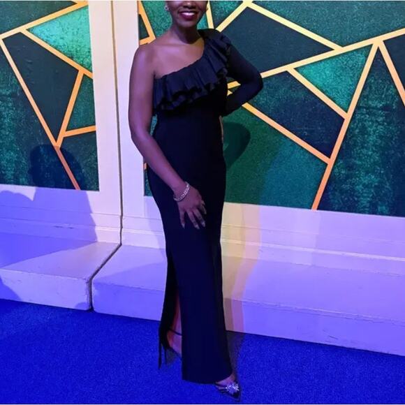 Herve Leger Black Bandage Gown MEDIUM One Shoulder Ruffle Formal Designer $1990 - Picture 5 of 12